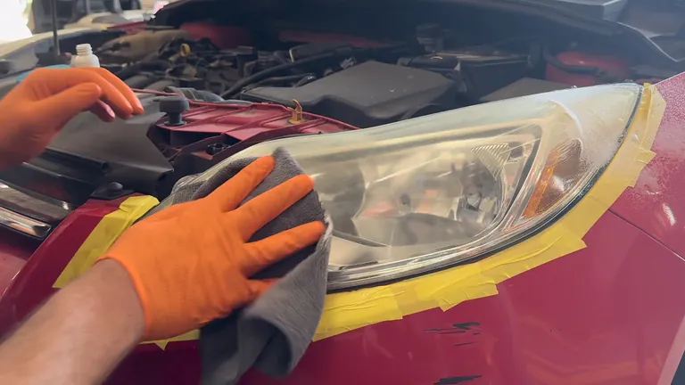 An orange-gloved hand cleans the headlight lens with a gray microfiber cloth.