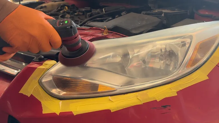 Close-up of a polishing pad working across the headlight lens beside its taped surround.