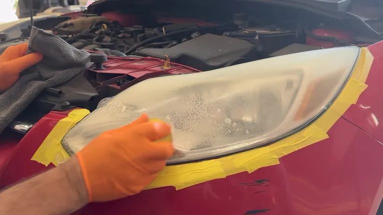 Hand-sanding in progress on a red vehicle's headlight, with yellow tape around the lens edge.